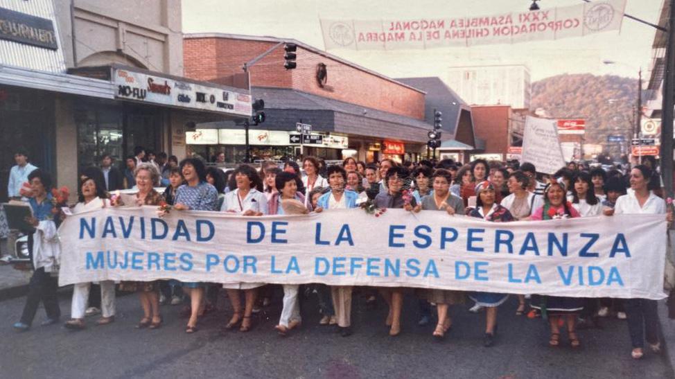 Mujeres con lienzo marchando