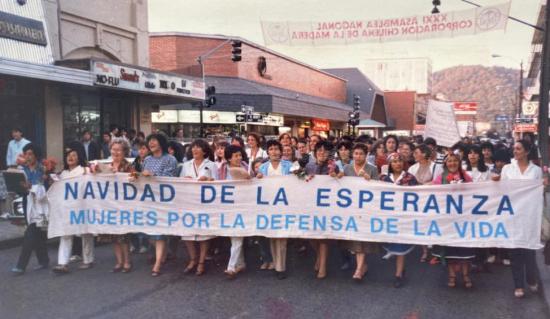 Mujeres con lienzo marchando