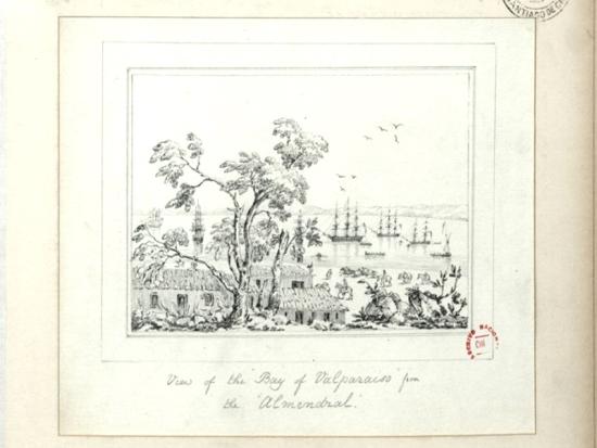 Dibujo de vista del Puerto de Valparaíso desde el Almendral, 1824. Archivo Nacional Histórico.