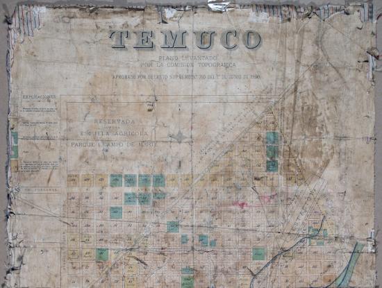 Detalle, de mapa de Temuco, impreso en tela, del 1° de junio 1892.