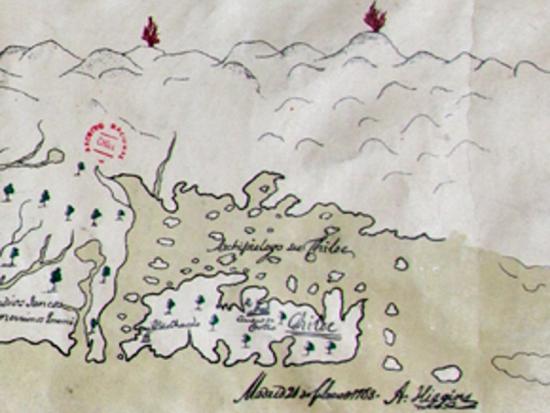 Detalle del primer mapa general de Chile, A. O'Higgins, S/F.